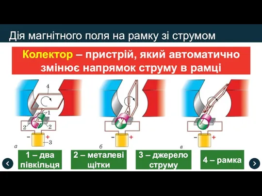 Колектор – пристрій, який автоматично змінює напрямок струму в рамці Дія магнітного