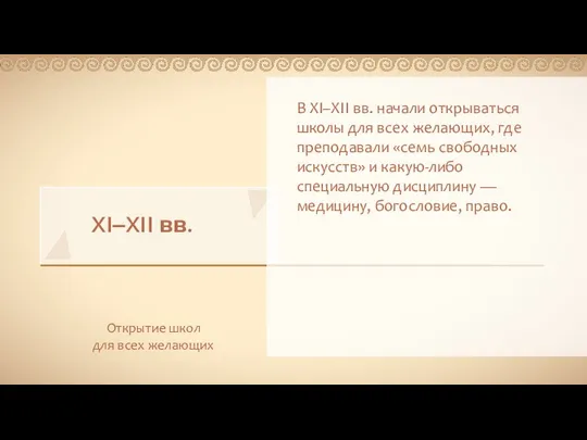 XI‒XII вв. Открытие школ для всех желающих В XI–XII вв. начали открываться