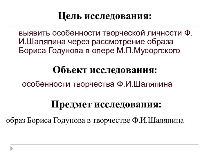 Цель исследования: выявить особенности творческой личности Ф.И.Шаляпина через рассмотрение образа Бориса Годунова