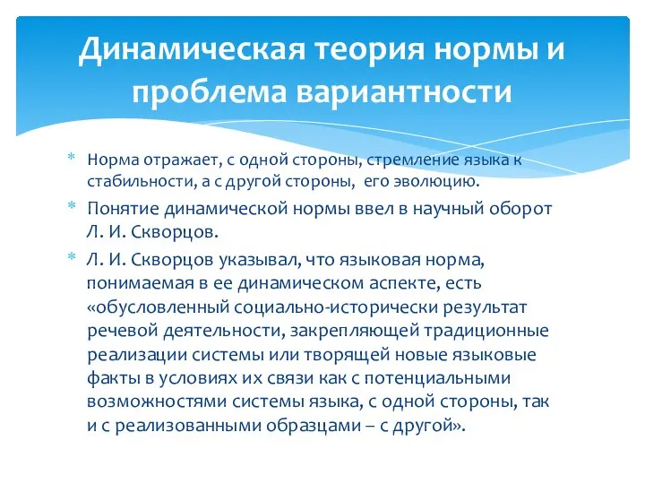 Норма отражает, с одной стороны, стремление языка к стабильности, а с другой