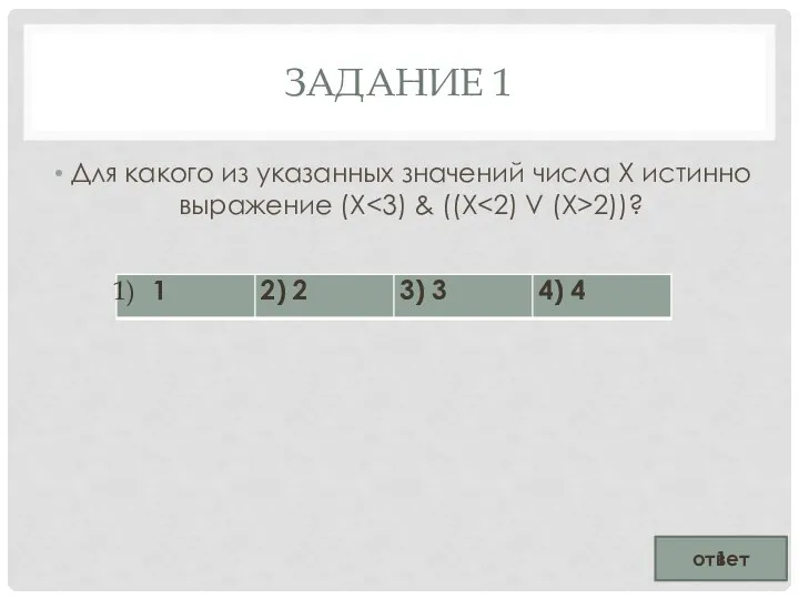 ЗАДАНИЕ 1 Для какого из указанных значений числа Х истинно выражение (X 2))? ответ 1