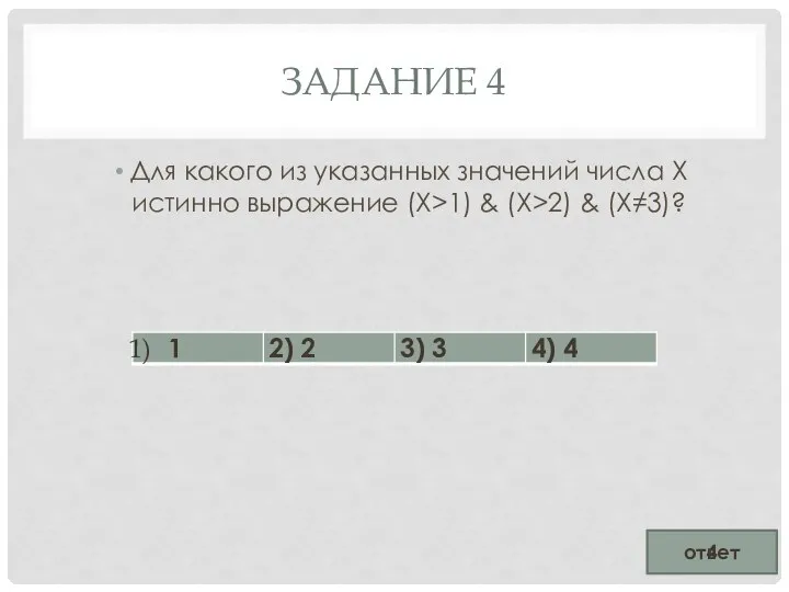 ЗАДАНИЕ 4 Для какого из указанных значений числа Х истинно выражение (X>1)