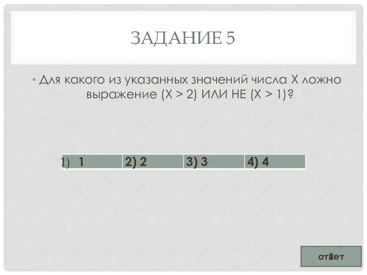 ЗАДАНИЕ 5 Для какого из указанных значений числа X ложно выражение (X