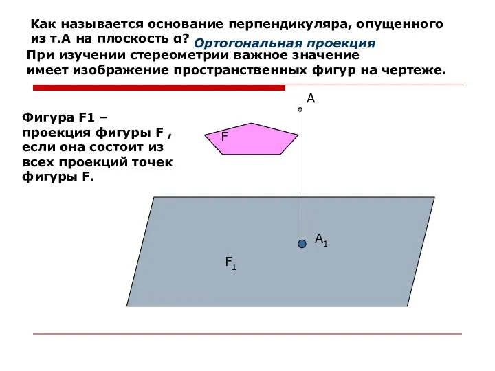 А А1 Как называется основание перпендикуляра, опущенного из т.А на плоскость α?