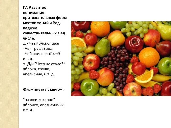 IV. Развитие понимания притяжательных форм местоимений и Род. падежа существительных в ед.