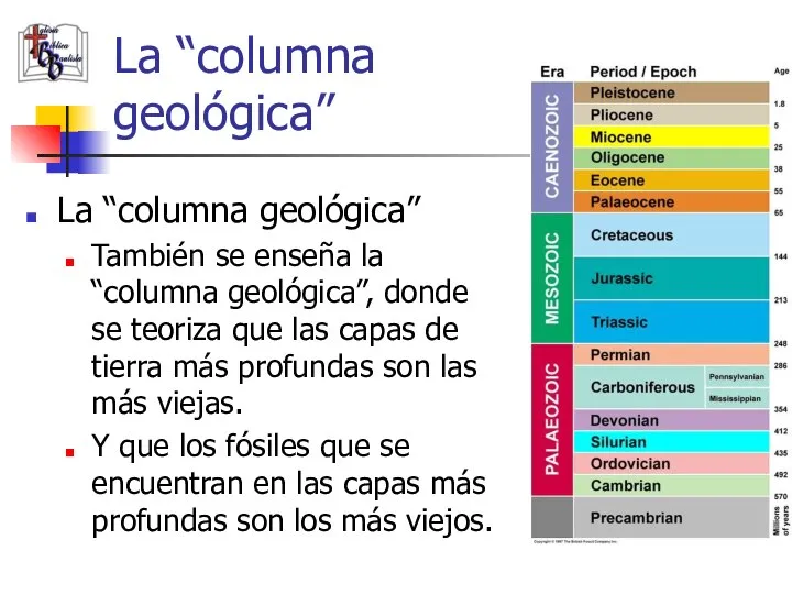 La “columna geológica” La “columna geológica” También se enseña la “columna geológica”,