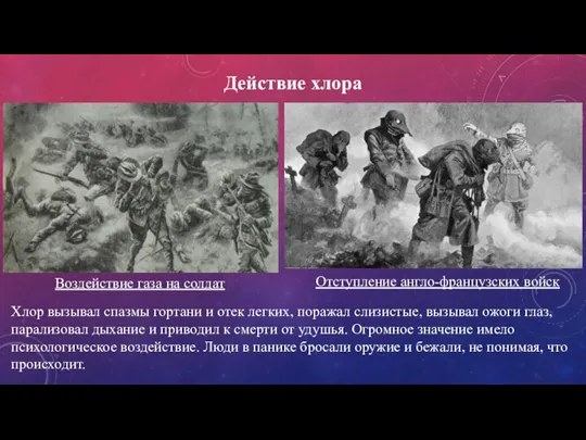 Действие хлора Воздействие газа на солдат Хлор вызывал спазмы гортани и отек