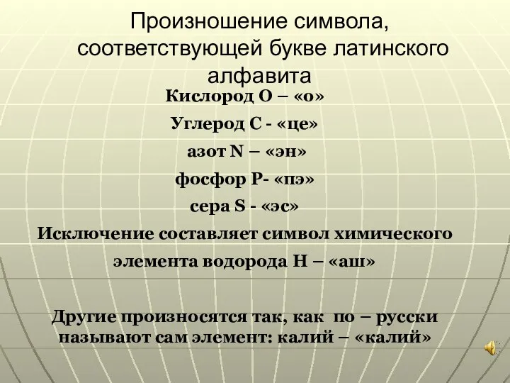 Произношение символа, соответствующей букве латинского алфавита Кислород O – «о» Углерод C