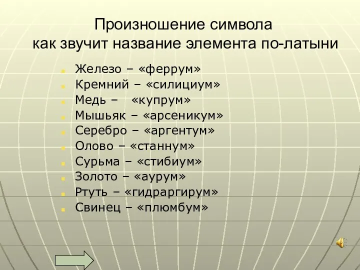 Произношение символа как звучит название элемента по-латыни Железо – «феррум» Кремний –