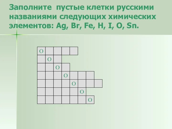 Заполните пустые клетки русскими названиями следующих химических элементов: Ag, Br, Fe, H,