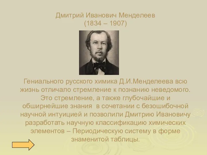 Дмитрий Иванович Менделеев (1834 – 1907) Гениального русского химика Д.И.Менделеева всю жизнь