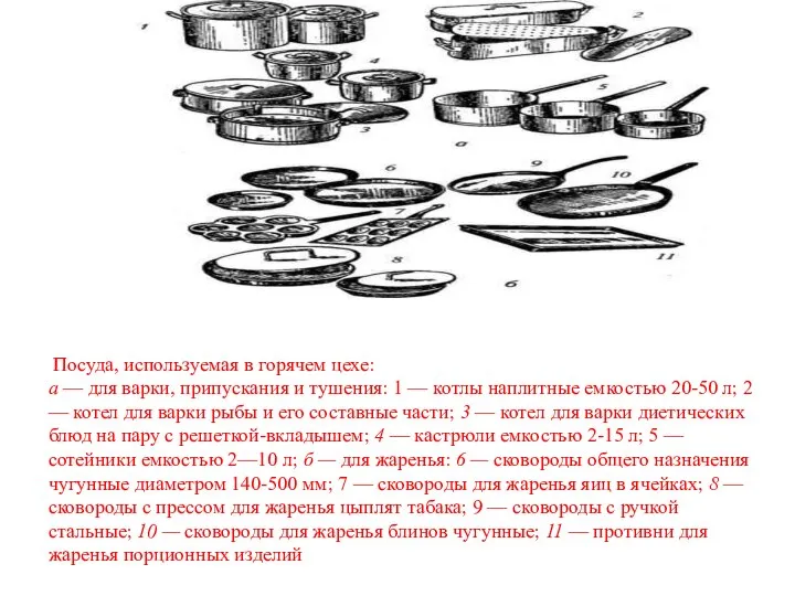 Посуда, используемая в горячем цехе: а — для варки, припускания и тушения: