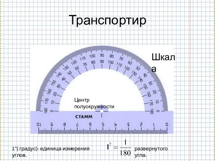 Транспортир Шкала Центр полуокружности 1°( градус)- единица измерения углов. развернутого угла.