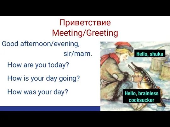 Приветствие Meeting/Greeting Good afternoon/evening, How are you today? How is your day