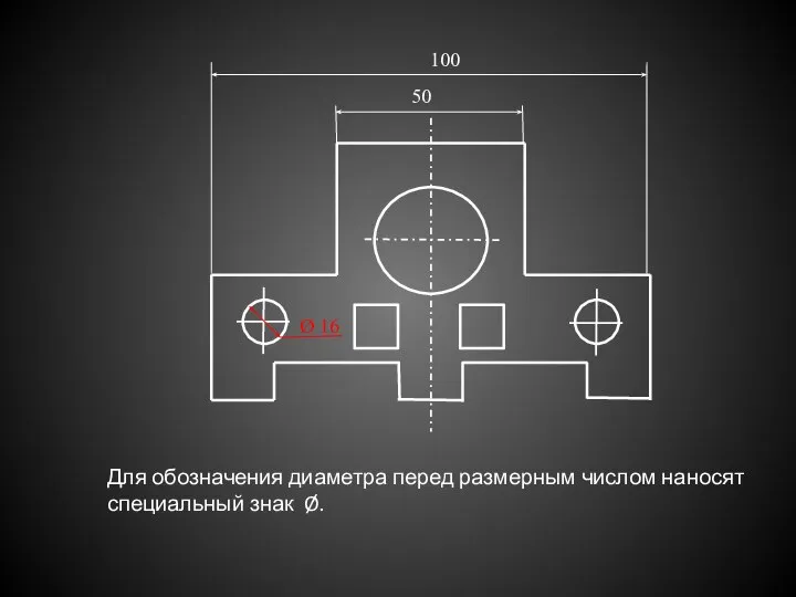 Для обозначения диаметра перед размерным числом наносят специальный знак Ø. 50 100