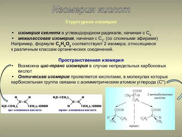 Изомерия кислот Cтруктурная изомерия изомерия скелета в углеводородном радикале, начиная с C4