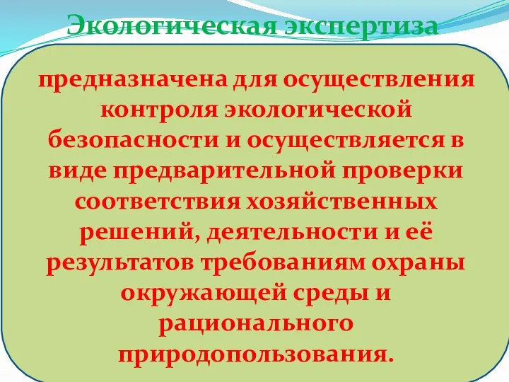 Экологическая экспертиза предназначена для осуществления контроля экологической безопасности и осуществляется в виде