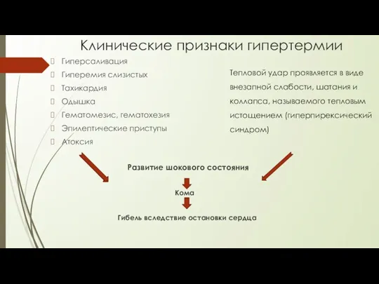 Клинические признаки гипертермии Гиперсаливация Гиперемия слизистых Тахикардия Одышка Гематомезис, гематохезия Эпилептические приступы