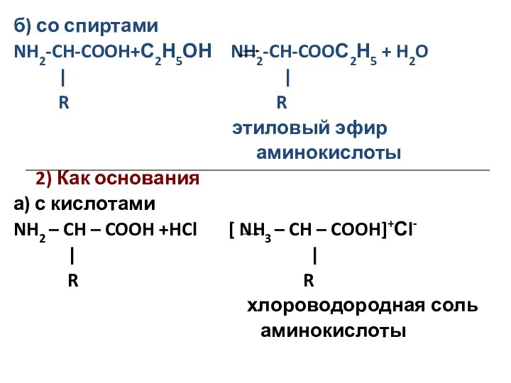 б) со спиртами NH2-CH-COOH+С2Н5ОН NH2-CH-COOС2Н5 + H2O | | R R этиловый