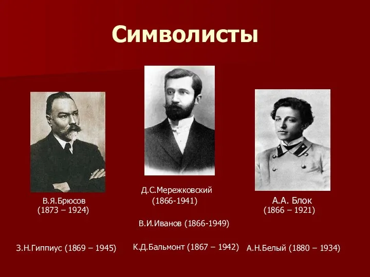 Символисты Д.С.Мережковский В.Я.Брюсов (1866-1941) А.А. Блок (1873 – 1924) (1866 – 1921)