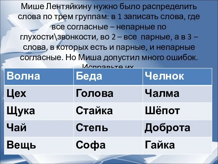 Мише Лентяйкину нужно было распределить слова по трем группам: в 1 записать