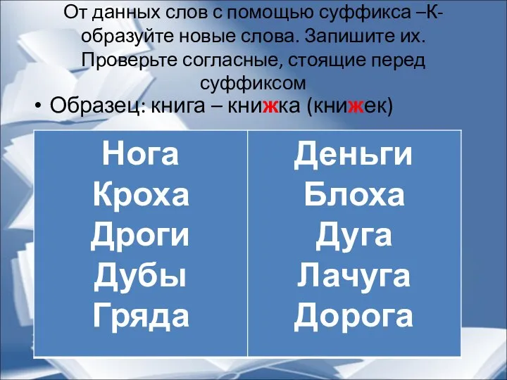 От данных слов с помощью суффикса –К- образуйте новые слова. Запишите их.