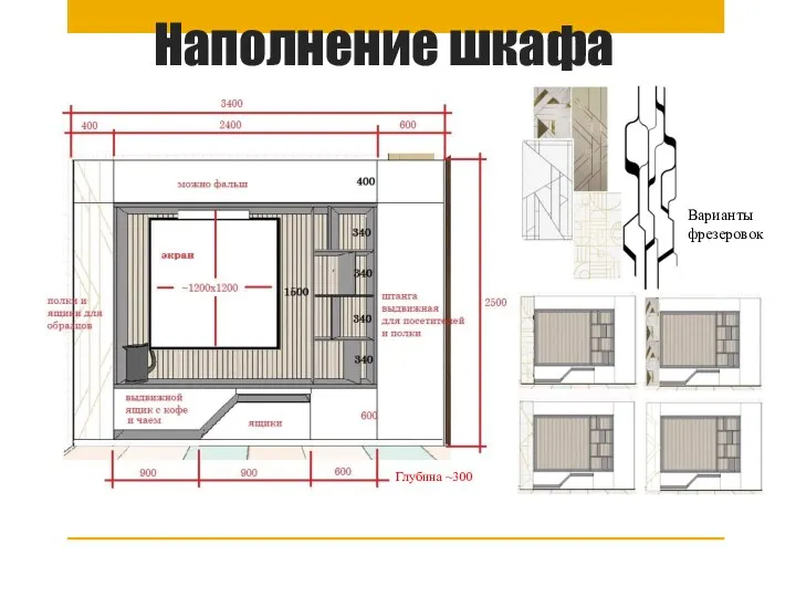 Наполнение шкафа Глубина ~300 Варианты фрезеровок