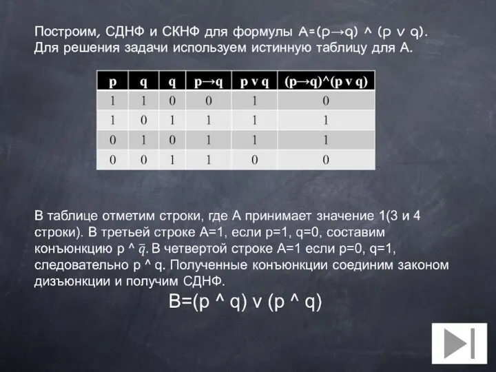 Построим, СДНФ и СКНФ для формулы A=(p→q) ^ (p v q). Для