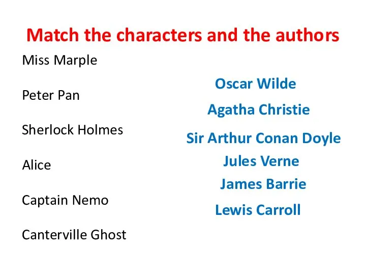 Match the characters and the authors Miss Marple Peter Pan Sherlock Holmes