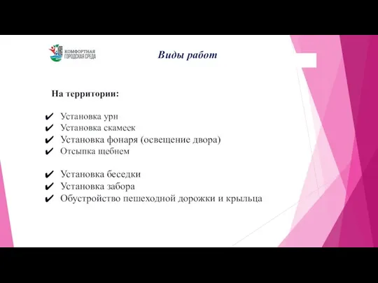 Виды работ На территории: Установка урн Установка скамеек Установка фонаря (освещение двора)