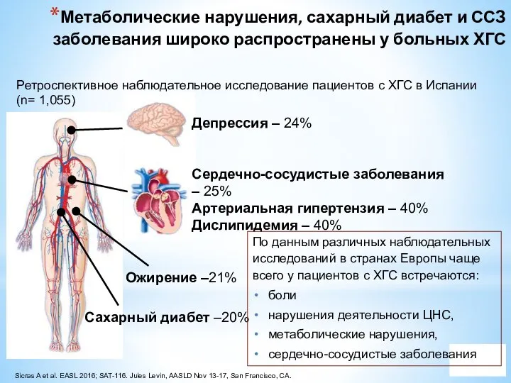 Сахарный диабет –20% Сердечно-сосудистые заболевания – 25% Артериальная гипертензия – 40% Дислипидемия