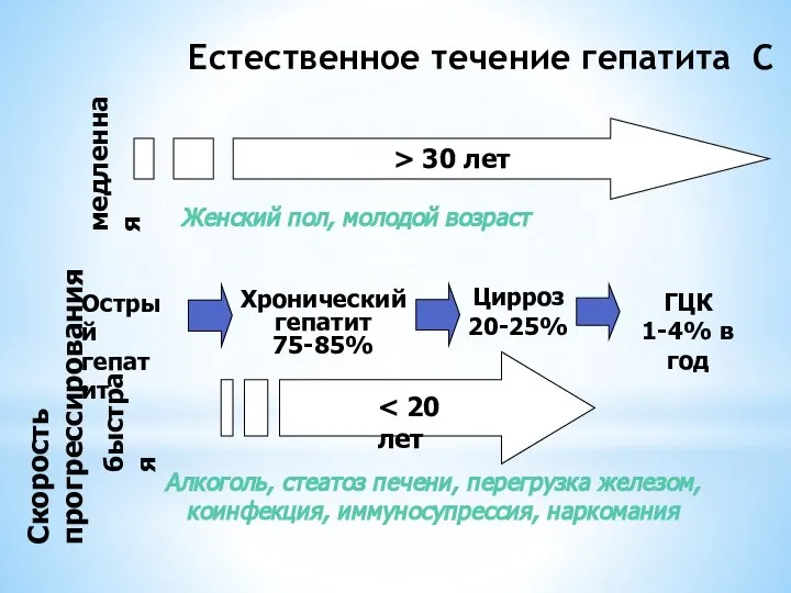 Естественное течение гепатита С > 30 лет Скорость прогрессирования быстрая медленная Женский