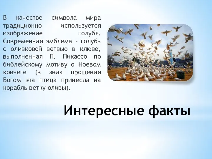 Интересные факты В качестве символа мира традиционно используется изображение голубя. Современная эмблема