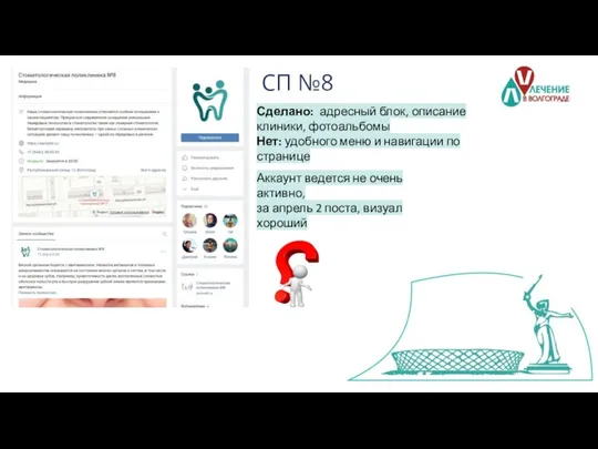 СП №8 Сделано: адресный блок, описание клиники, фотоальбомы Нет: удобного меню и