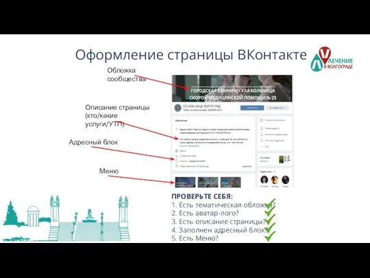 Оформление страницы ВКонтакте Обложка сообщества Описание страницы (кто/какие услуги/УТП) Адресный блок Меню