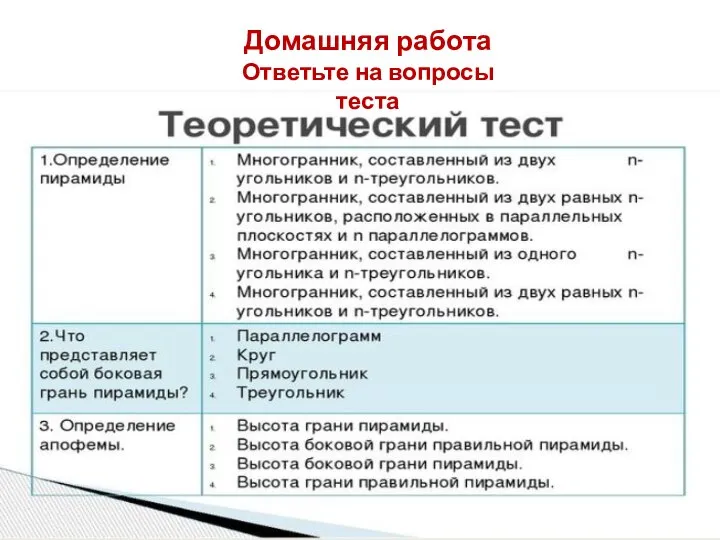 Домашняя работа Ответьте на вопросы теста