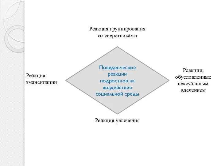 Поведенческие реакции подростков на воздействия социальной среды Реакция увлечения Реакции, обусловленные сексуальным