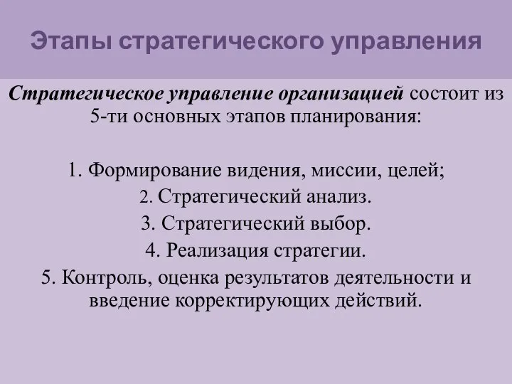 Этапы стратегического управления Стратегическое управление организацией состоит из 5-ти основных этапов планирования: