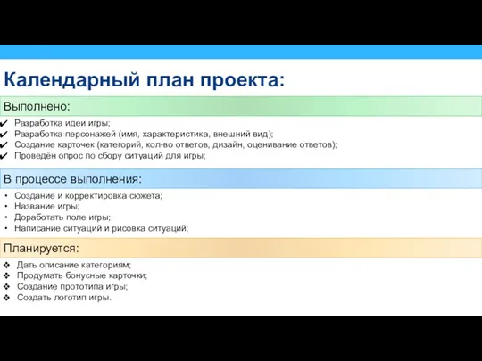 Календарный план проекта: Выполнено: В процессе выполнения: Планируется: Разработка идеи игры; Разработка