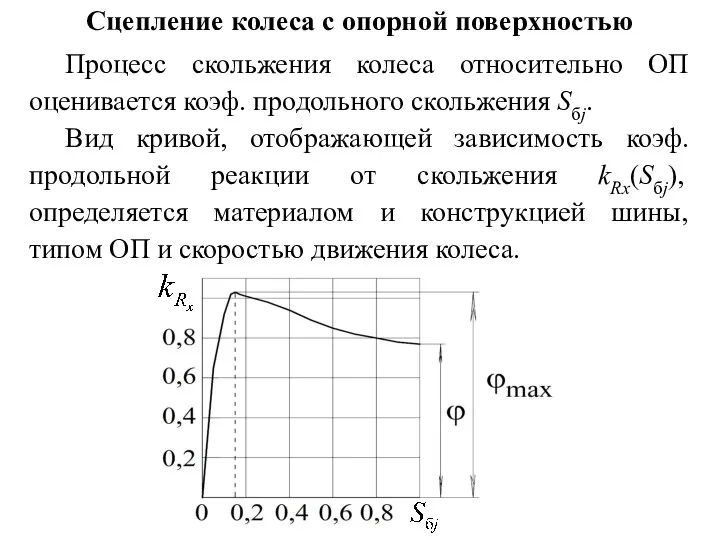 Сцепление колеса с опорной поверхностью Процесс скольжения колеса относительно ОП оценивается коэф.