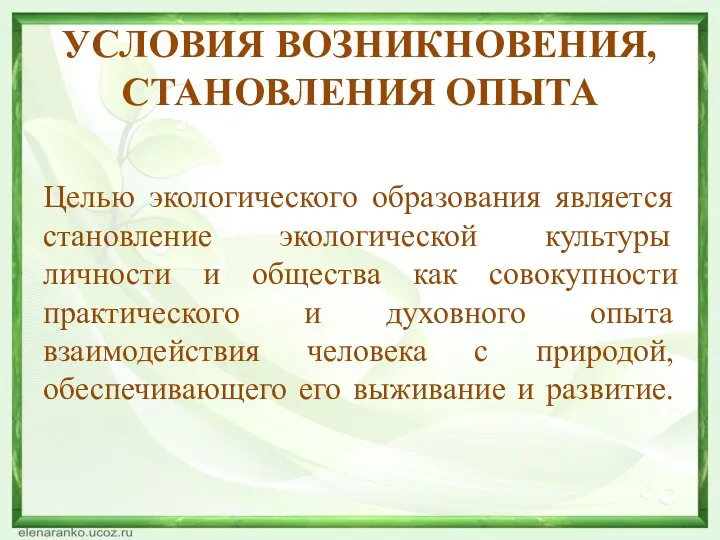 УСЛОВИЯ ВОЗНИКНОВЕНИЯ, СТАНОВЛЕНИЯ ОПЫТА Целью экологического образования является становление экологической культуры личности