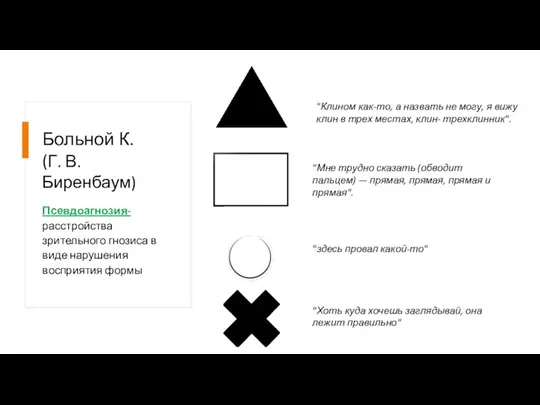 Больной К. (Г. В. Биренбаум) Псевдоагнозия- расстройства зрительного гнозиса в виде нарушения