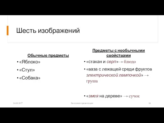 Шесть изображений Обычные предметы «Яблоко» «Стул» «Собака» Предметы с необычными свойствами «стакан