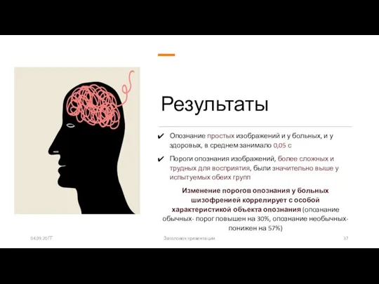 Результаты Опознание простых изображений и у больных, и у здоровых, в среднем