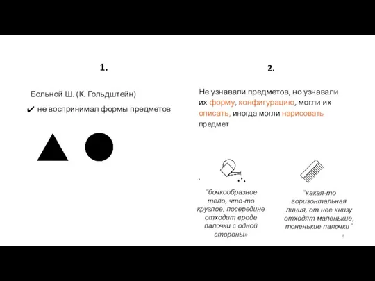 Больной Ш. (К. Гольдштейн) не воспринимал формы предметов 2. Не узнавали предметов,