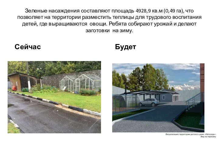 Зеленые насаждения составляют площадь 4928,9 кв.м (0,49 га), что позволяет на территории