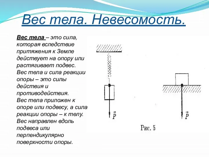 Вес тела. Невесомость. Вес тела – это сила, которая вследствие притяжения к