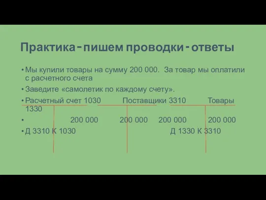 Практика – пишем проводки - ответы Мы купили товары на сумму 200