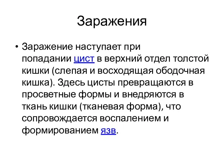 Заражения Заражение наступает при попадании цист в верхний отдел толстой кишки (слепая