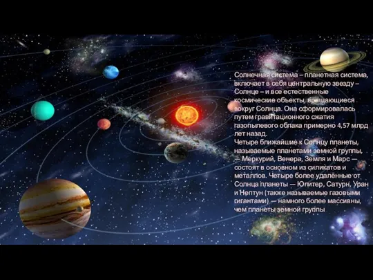 Со́лнечная систе́ма — планетная система, включает в себя центральную звезду — Солнце